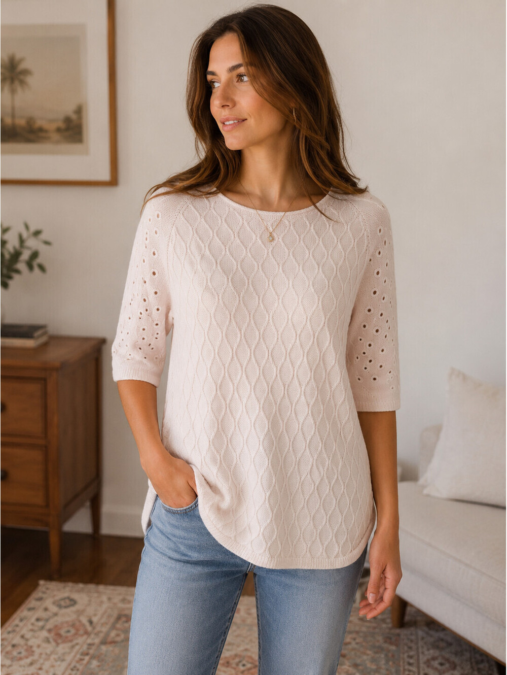 Cut25 by Yigal Azrouel Sweater L Wool Blend Cable Knit Eyelet Ivory Tunic